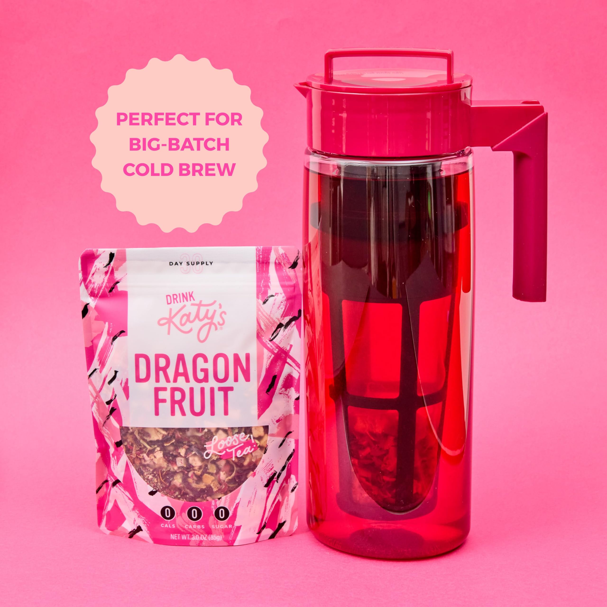 Drink Katy's 3oz pouch displayed beside measuring scoop for convenient brewing.