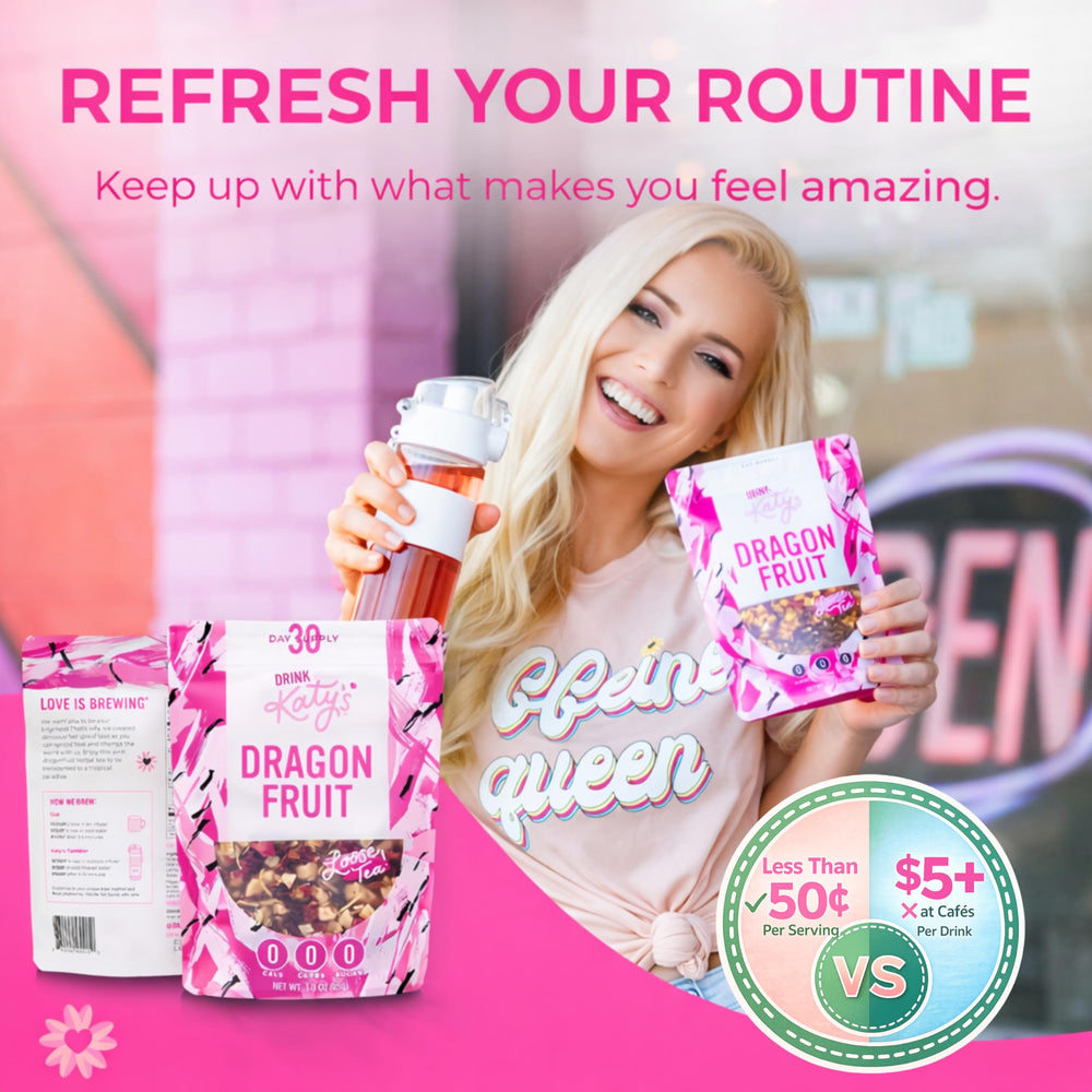 Drink Katy's woman-owned label on a tea tin emphasizing quality and care.