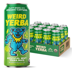WEIRD Drink Mystical Mint Yerba Mate can front view highlighting Grateful Dead collab and clean energy.