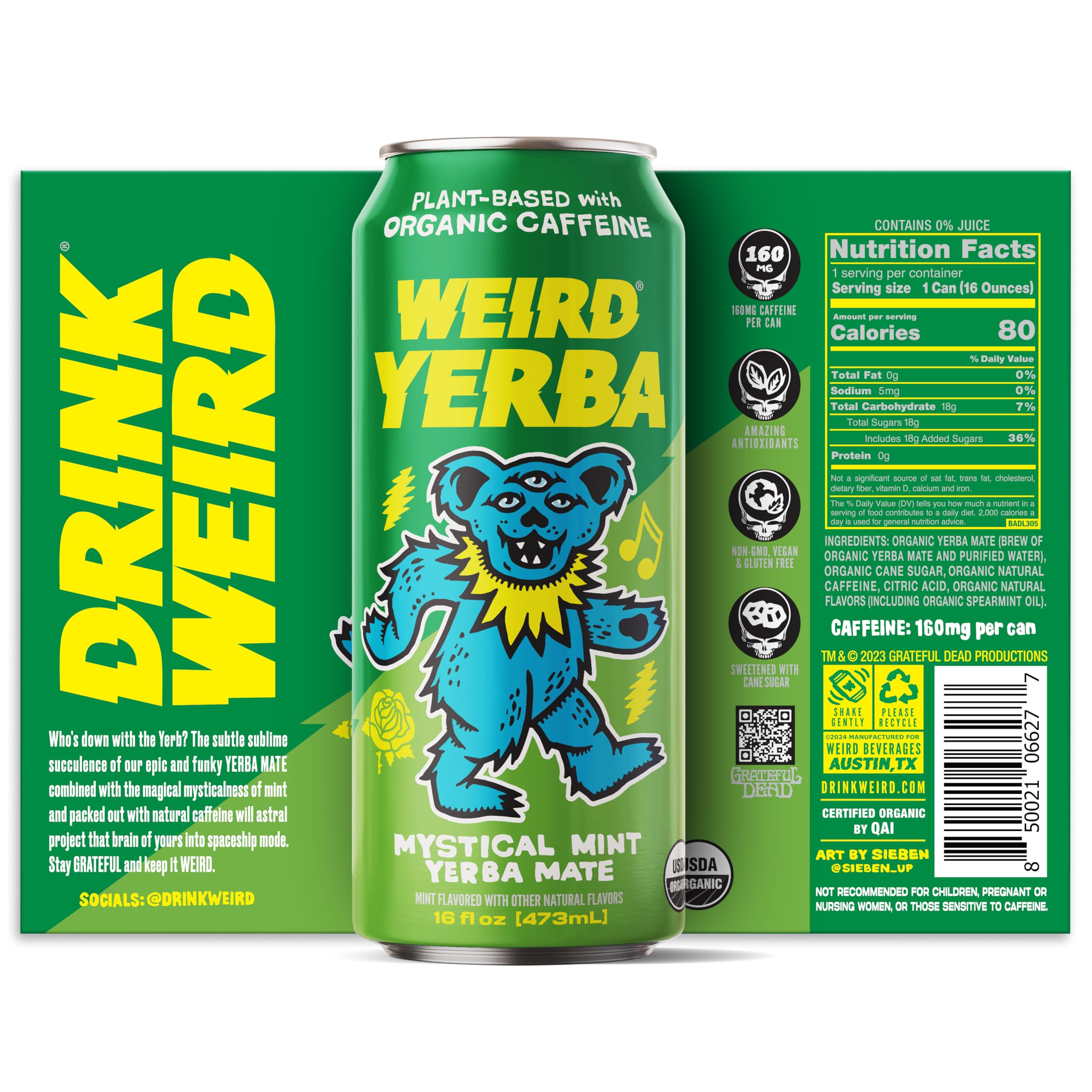 WEIRD can side shows ingredients and organic caffeine for sustained alertness.
