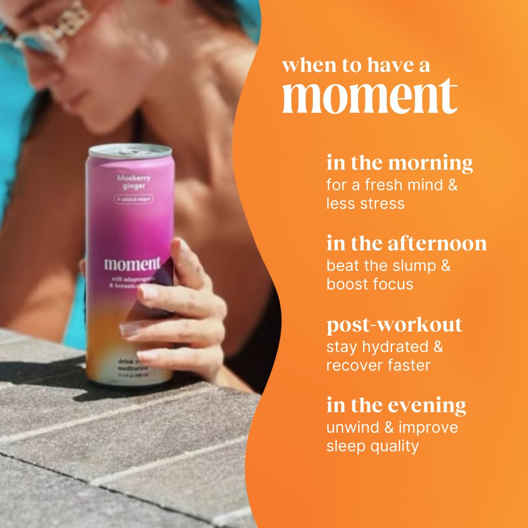 Moment Adaptogen Drink glass with can demonstrates convenient daily adaptogen use.