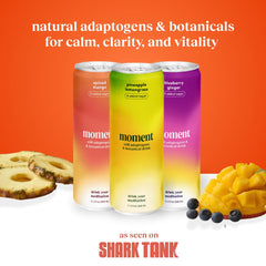 Moment Adaptogen Drink label view highlights the plant-based ingredients and sugar-free promise.
