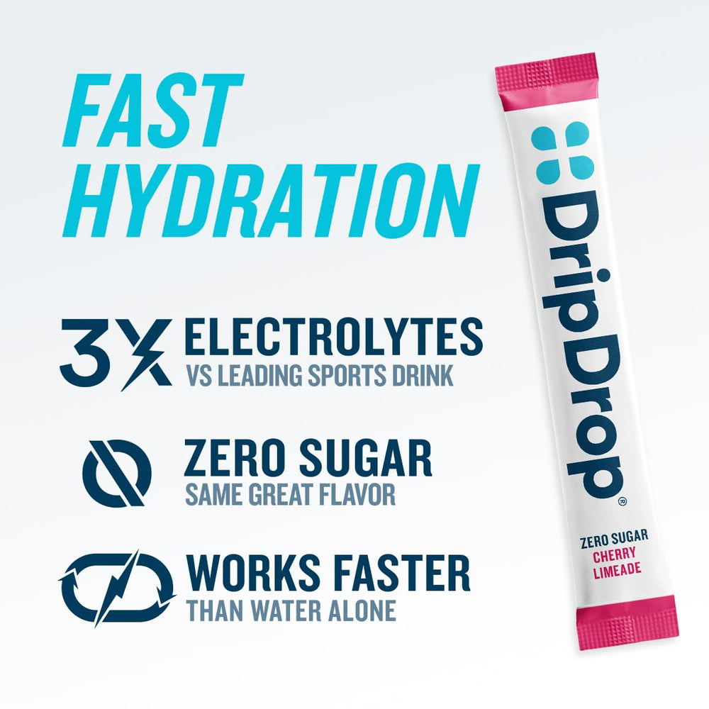 Open DripDrop cherry limeade packet releasing fast-acting electrolytes