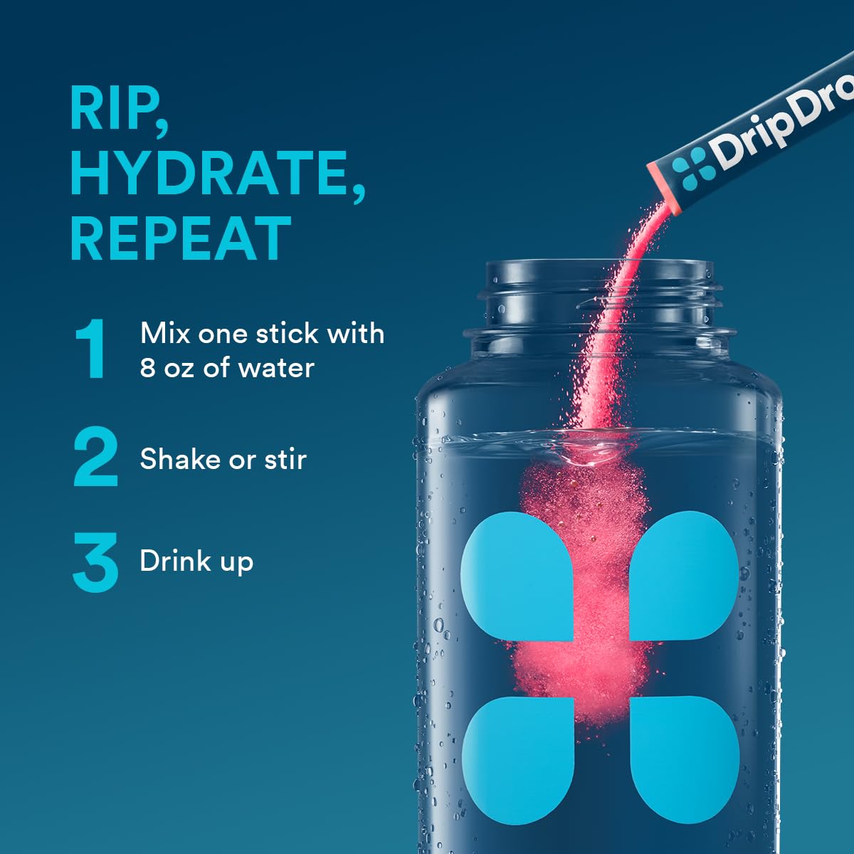 DripDrop hydration powder poured into a glass for ready-to-drink hydration