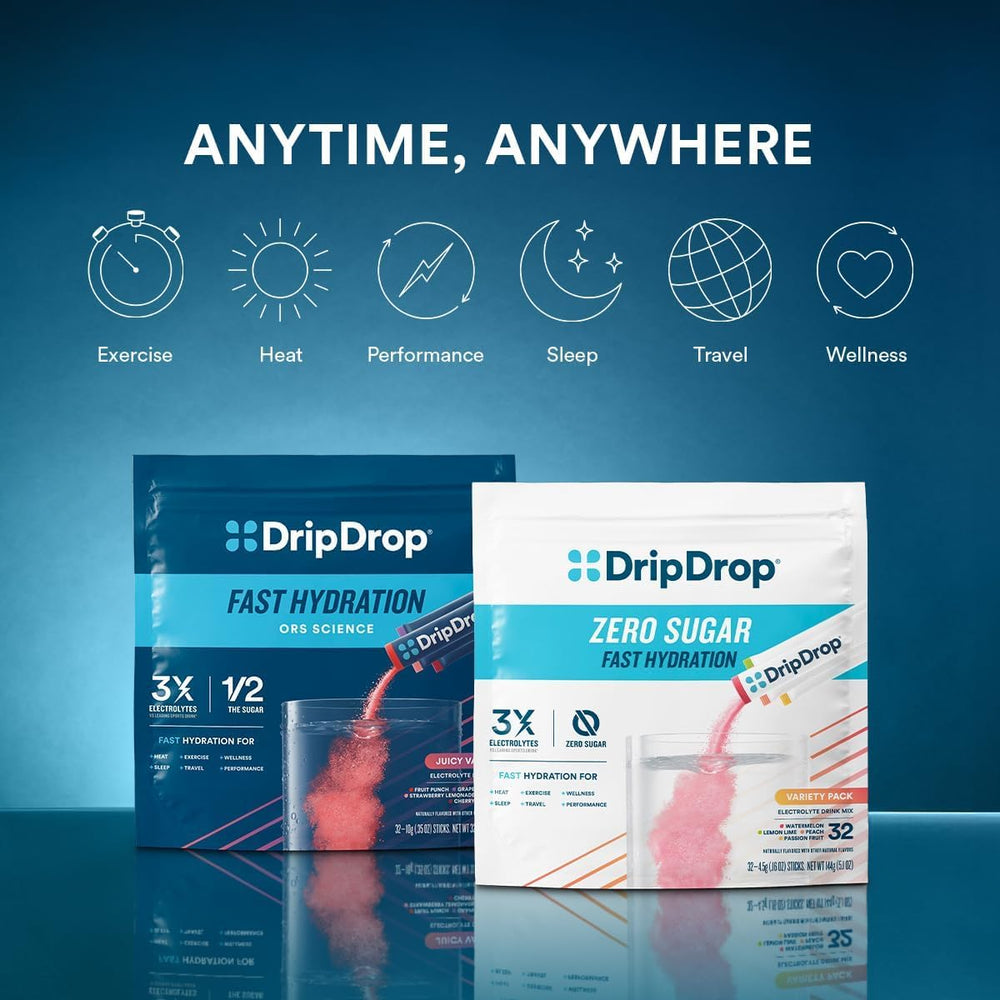 DripDrop electrolyte powder dissolving in water for fast hydration