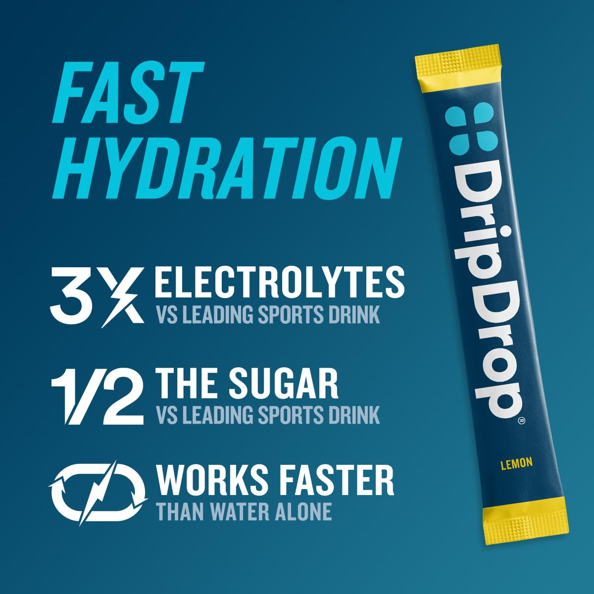 DripDrop Lemon packet dissolving in water for fast hydration