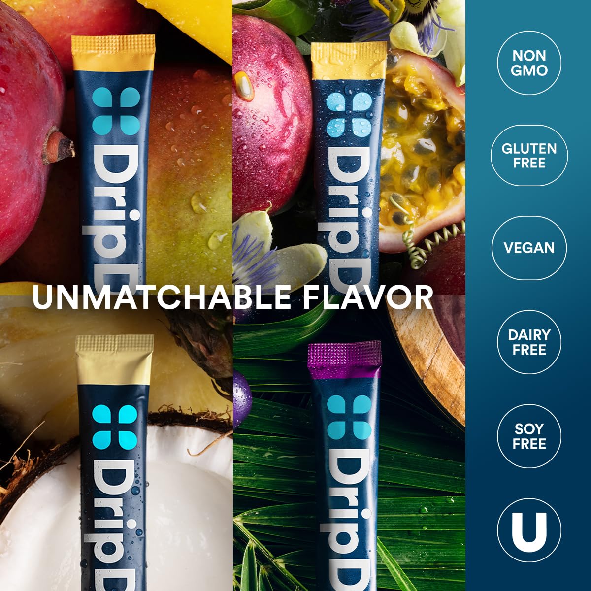 DripDrop hydration powder highlights immune-support nutrients for active days.