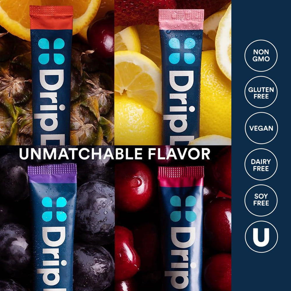 DripDrop ingredients section highlights non-GMO and vegan formulation
