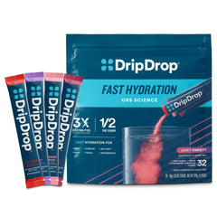 DripDrop Juicy Variety Pack front view showing four flavors for on-the-go hydration