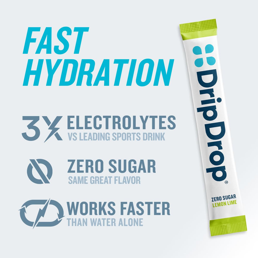 DripDrop lemon lime flavor blends smoothly in a glass of cold water.