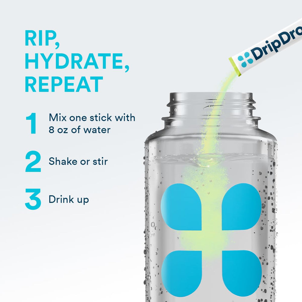 DripDrop on-the-go sachets beside a gym bag for quick use.