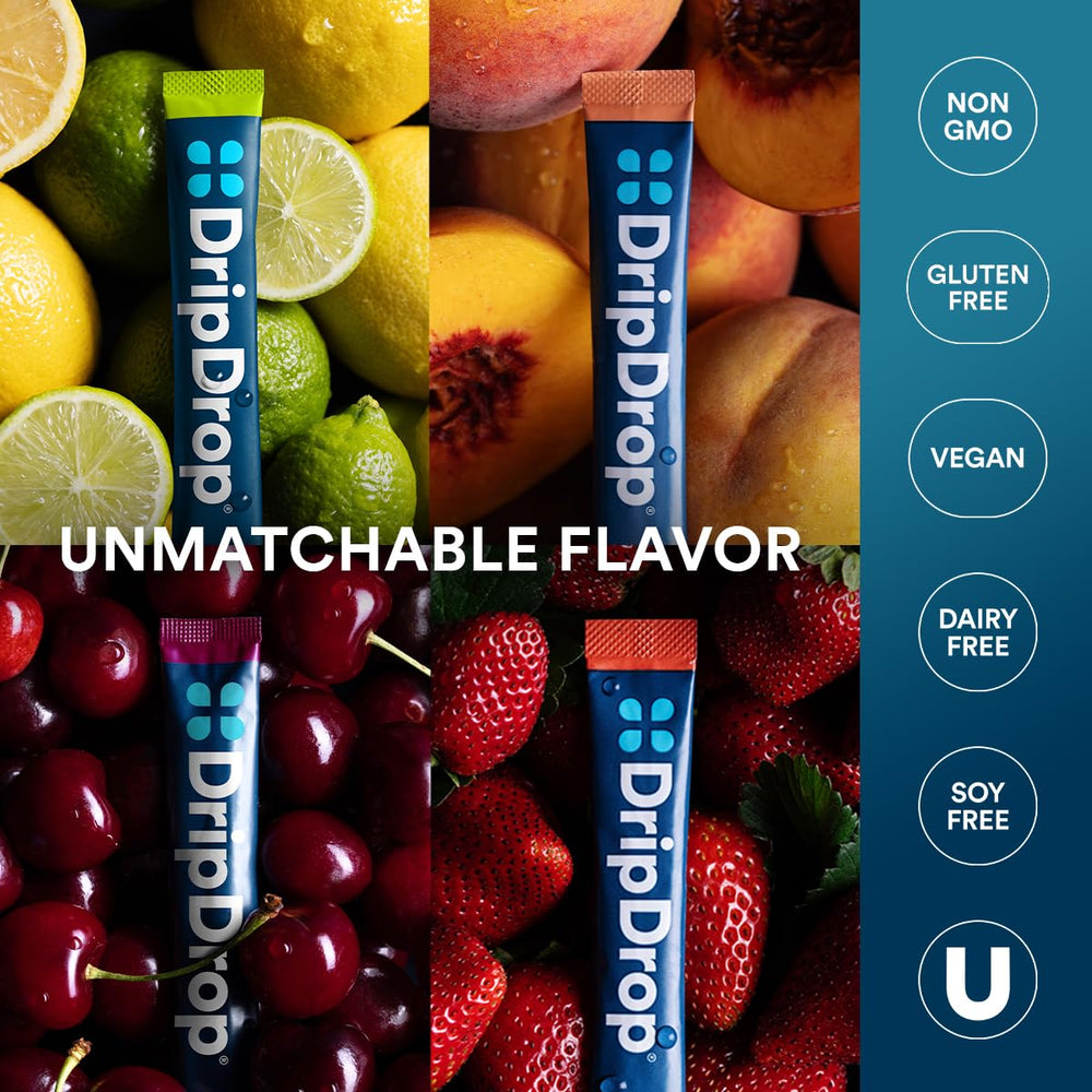 DripDrop packaging and foil wrapper highlighting portable hydration