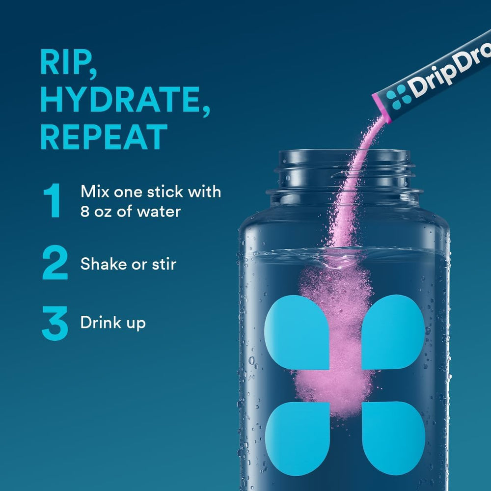 DripDrop single-serve packets are travel-ready for workouts.