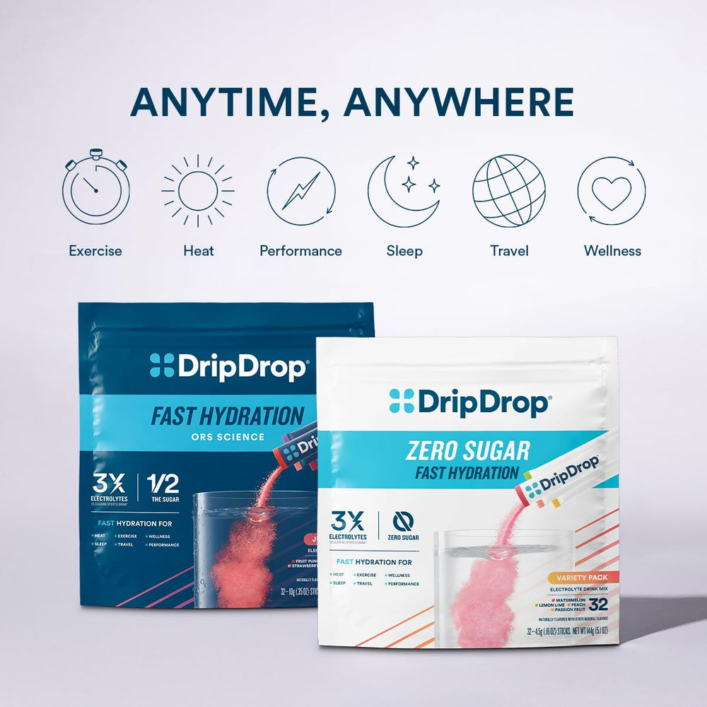 DripDrop sugar-free hydration powder dissolving in water, ready to drink.