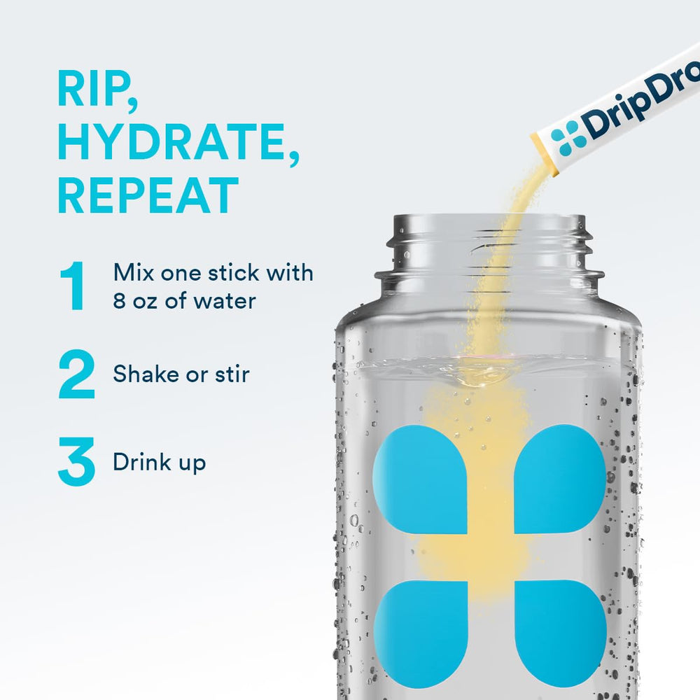 DripDrop sugar-free hydration flavor variety box showing multiple flavors.
