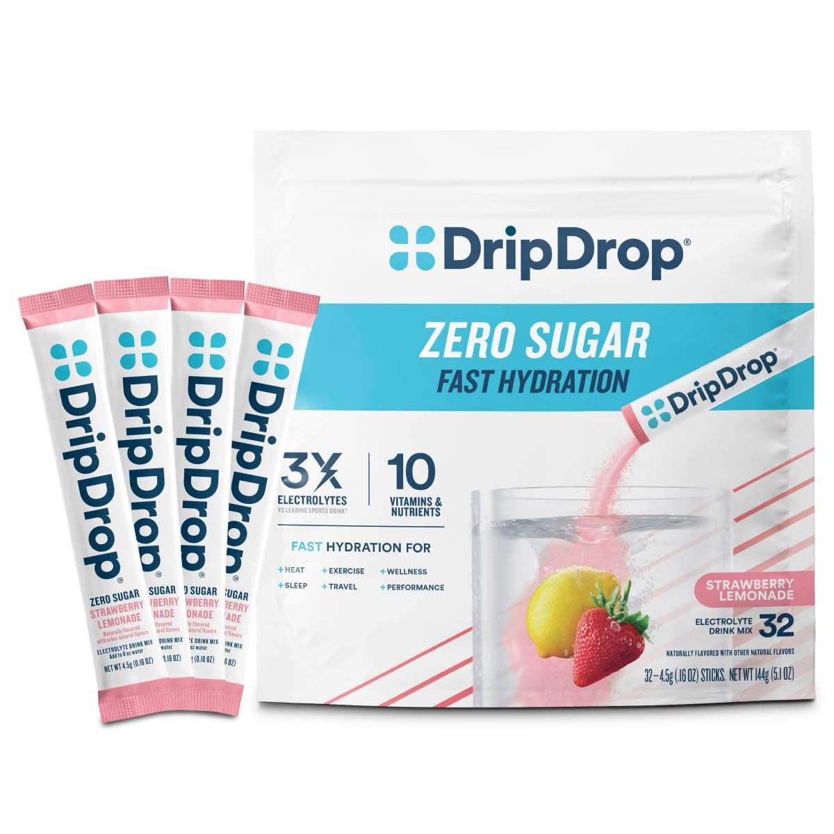 DripDrop sugar-free hydration packets front view with strawberry lemonade flavor for on-the-go hydration.