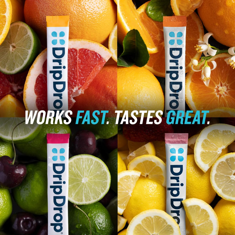 DripDrop sugar-free hydration packets on-the-go box for travel and gym use.
