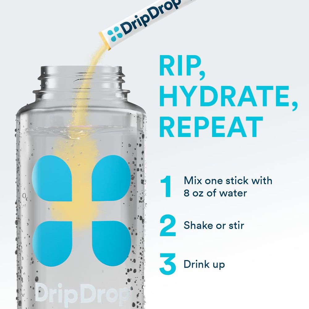 DripDrop hydration packet visual showing powder dissolving in water