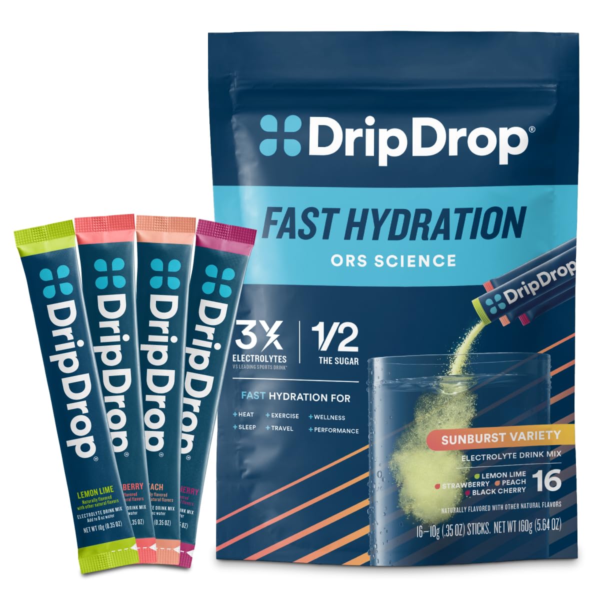 DripDrop Sunburst lemon-lime stick for on-the-go hydration, ideal during workouts.