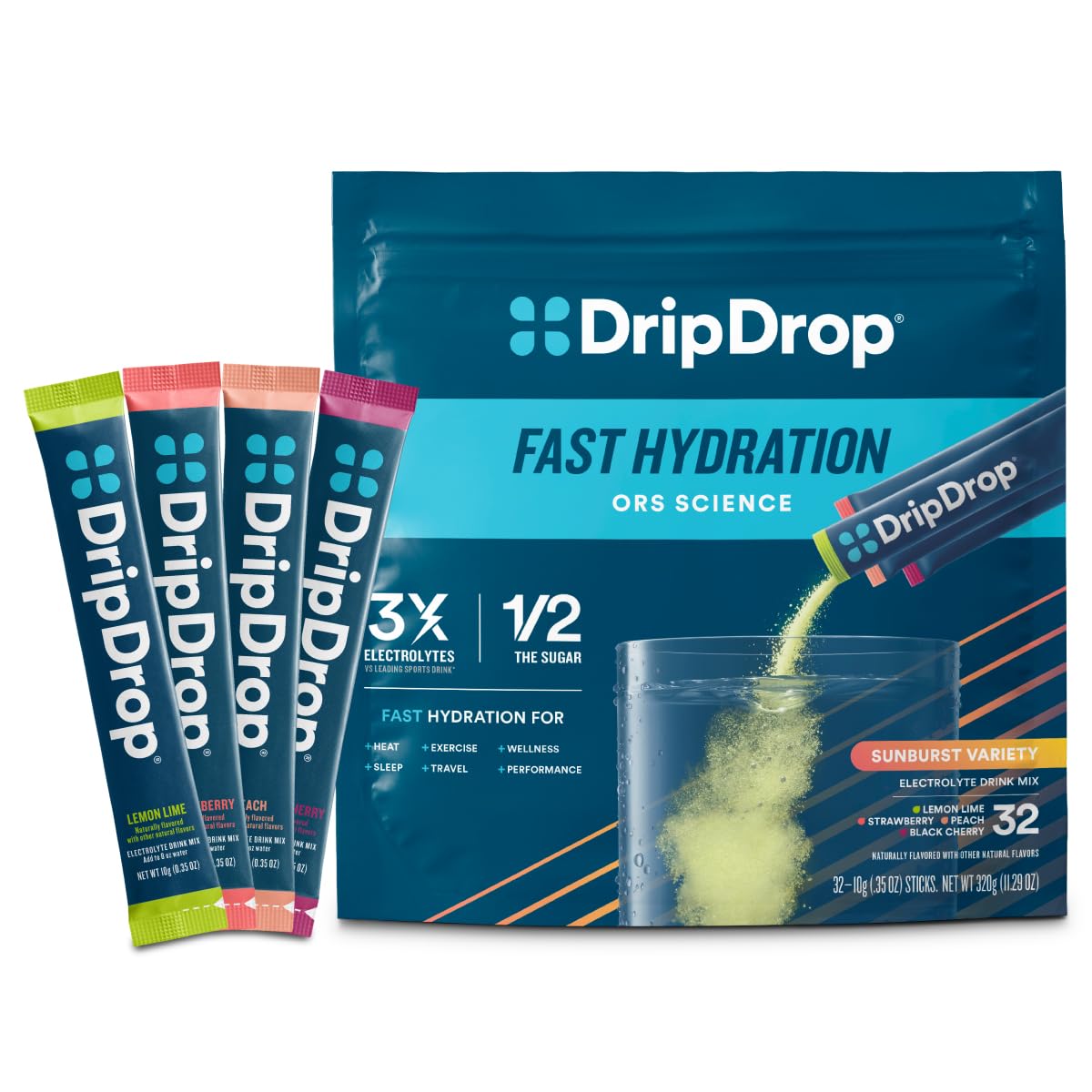 DripDrop Sunburst Lemon Lime packet for quick hydration on the go