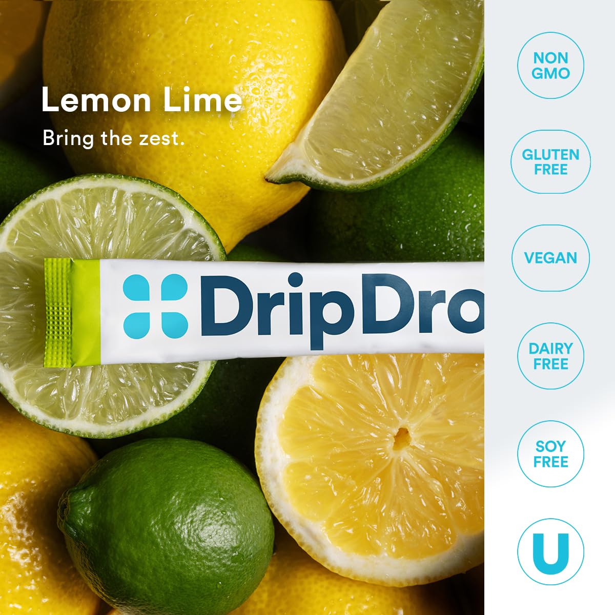 DripDrop Lemon Lime mix beside a water bottle for ready hydration.