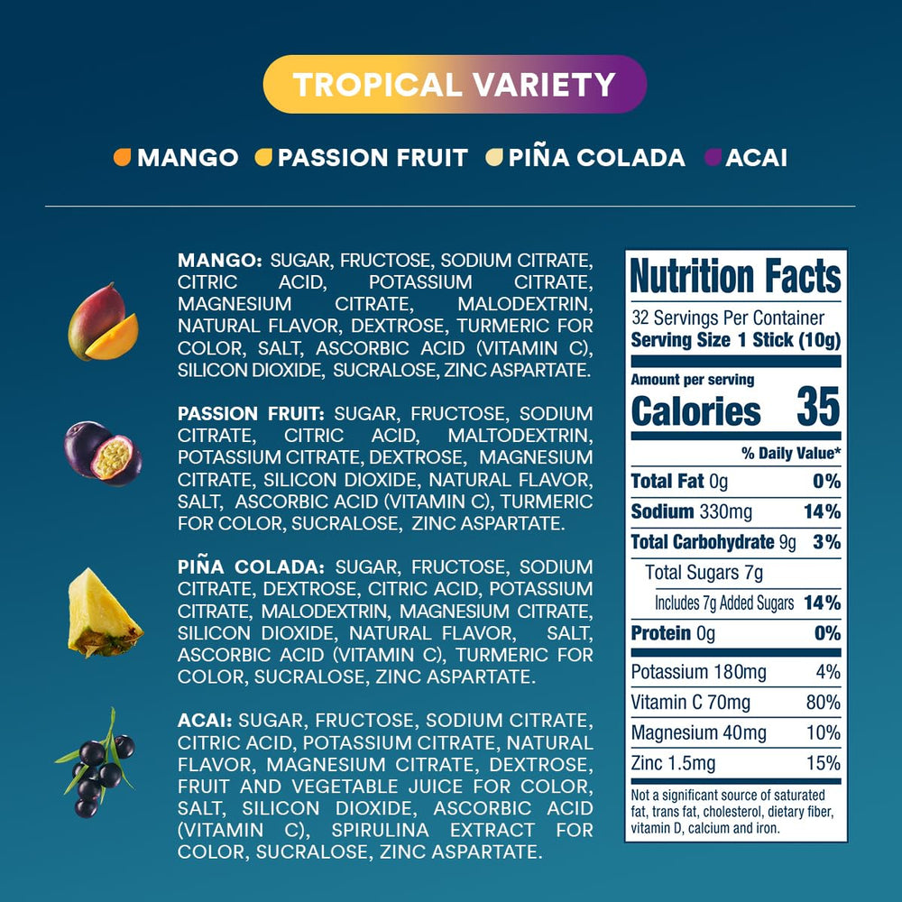 DripDrop pina colada stick tropical taste for on-the-go hydration.