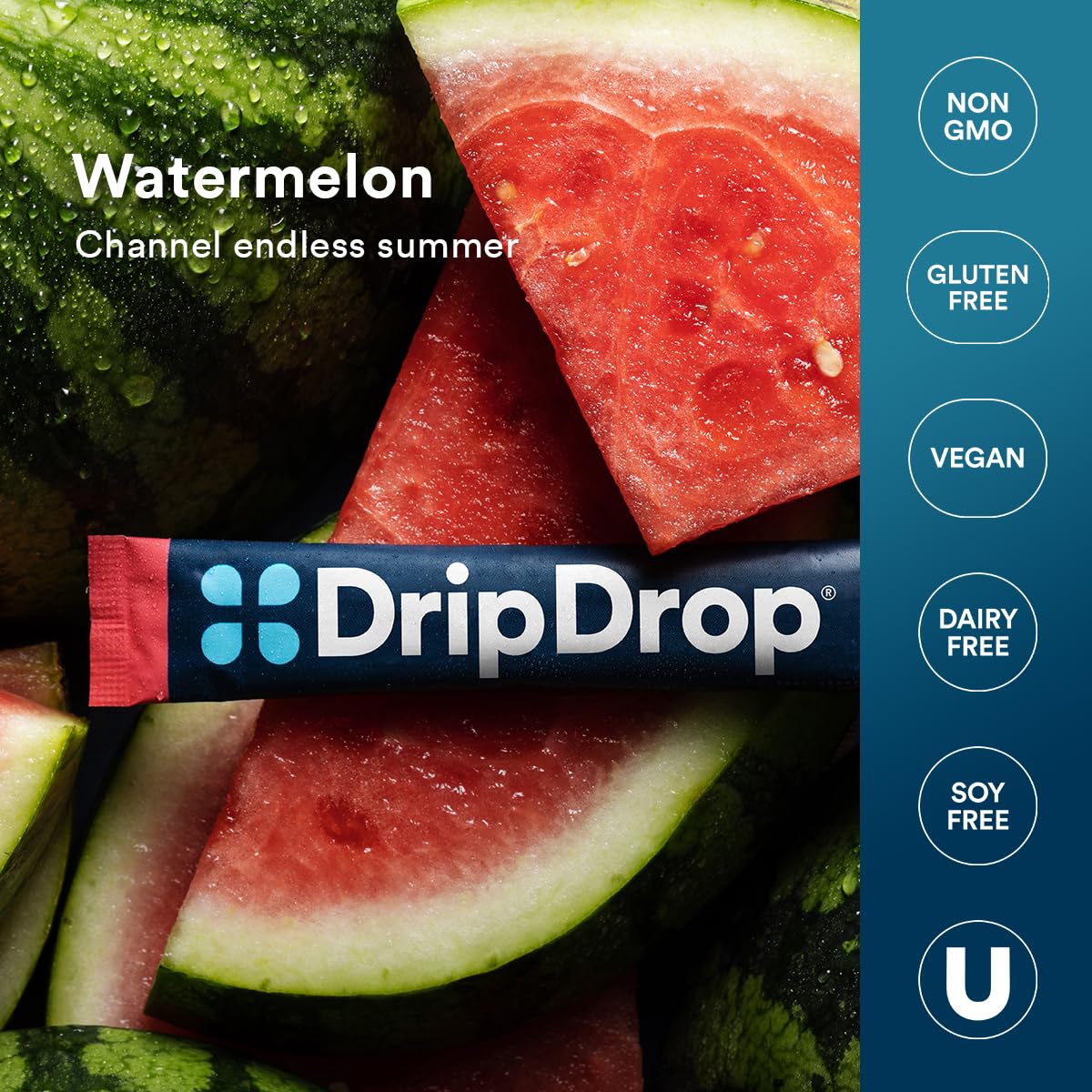 DripDrop Watermelon on-the-go sachets beside a water bottle