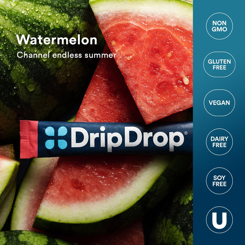 DripDrop Watermelon on-the-go sachets beside a water bottle