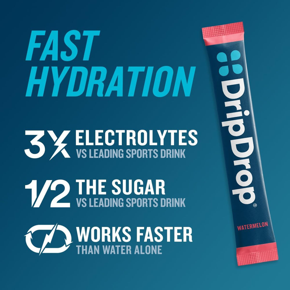DripDrop Watermelon packet dissolving in water for refreshing hydration.