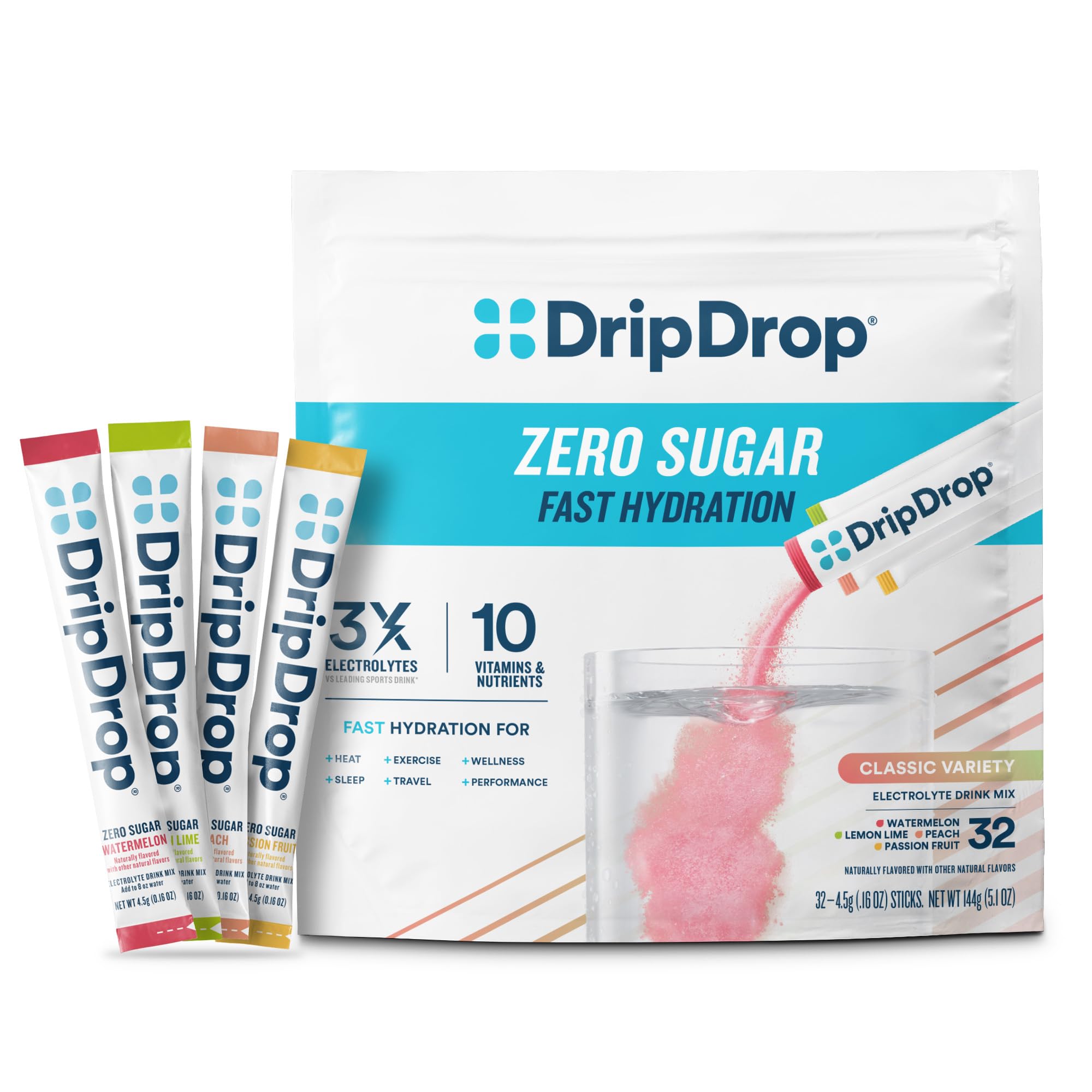 DripDrop lemon-lime sugar-free hydration packet for quick electrolyte replenishment.