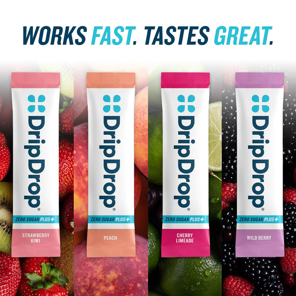 DripDrop Zero Sugar Plus gluten-free and vegan badges on the pack