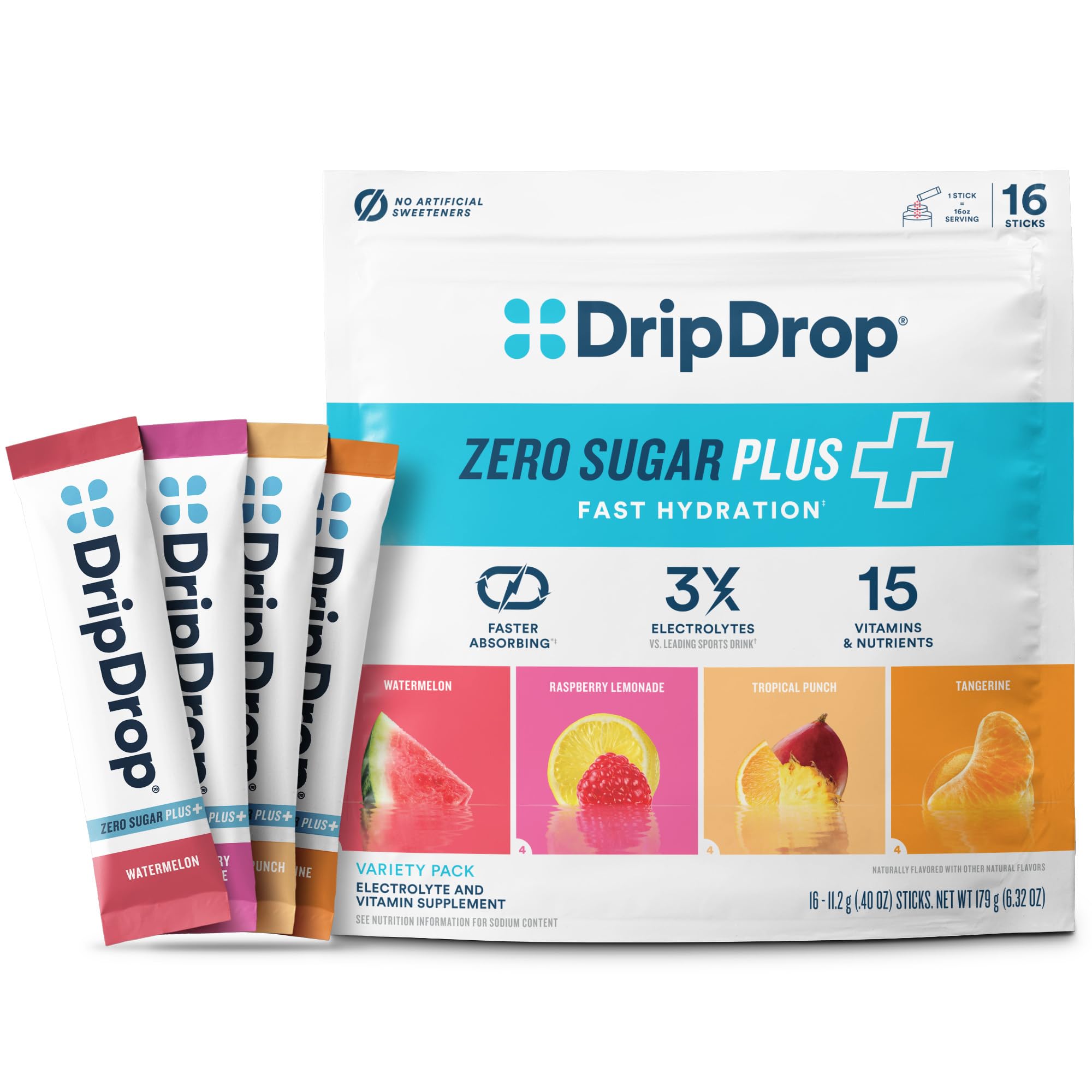 DripDrop Zero Sugar Plus Raspberry Lemonade stick for fast, sugar-free hydration on the go.