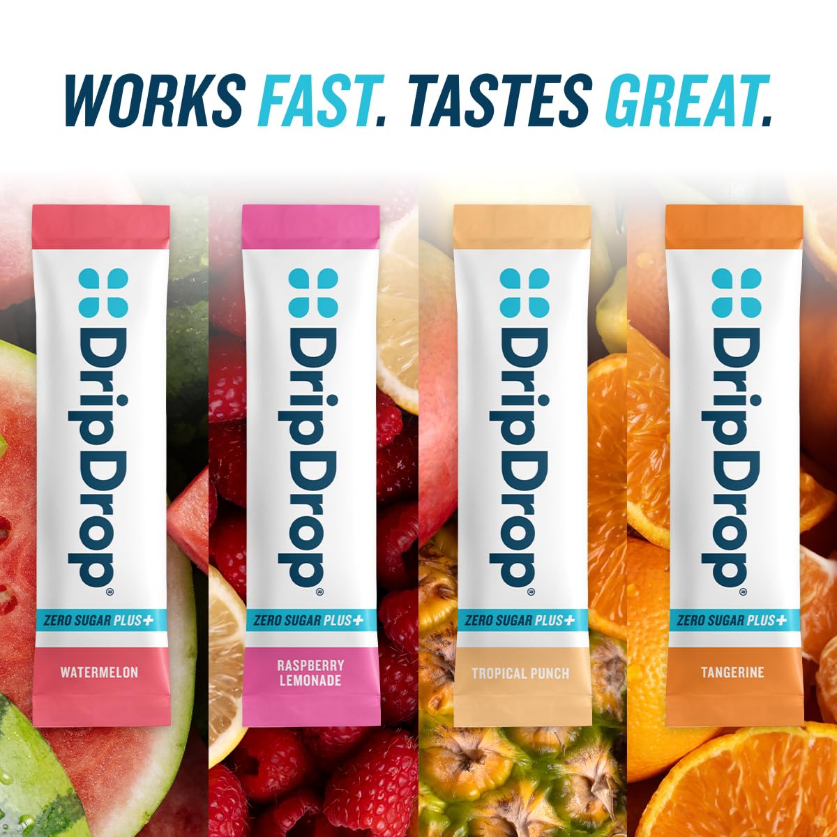 DripDrop Zero Sugar Plus single-serve packets ideal for travel and gym bags.
