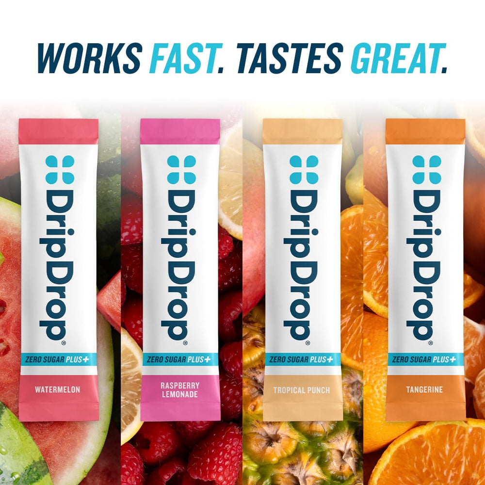DripDrop Zero Sugar Plus single-serve packets ideal for travel and gym bags.