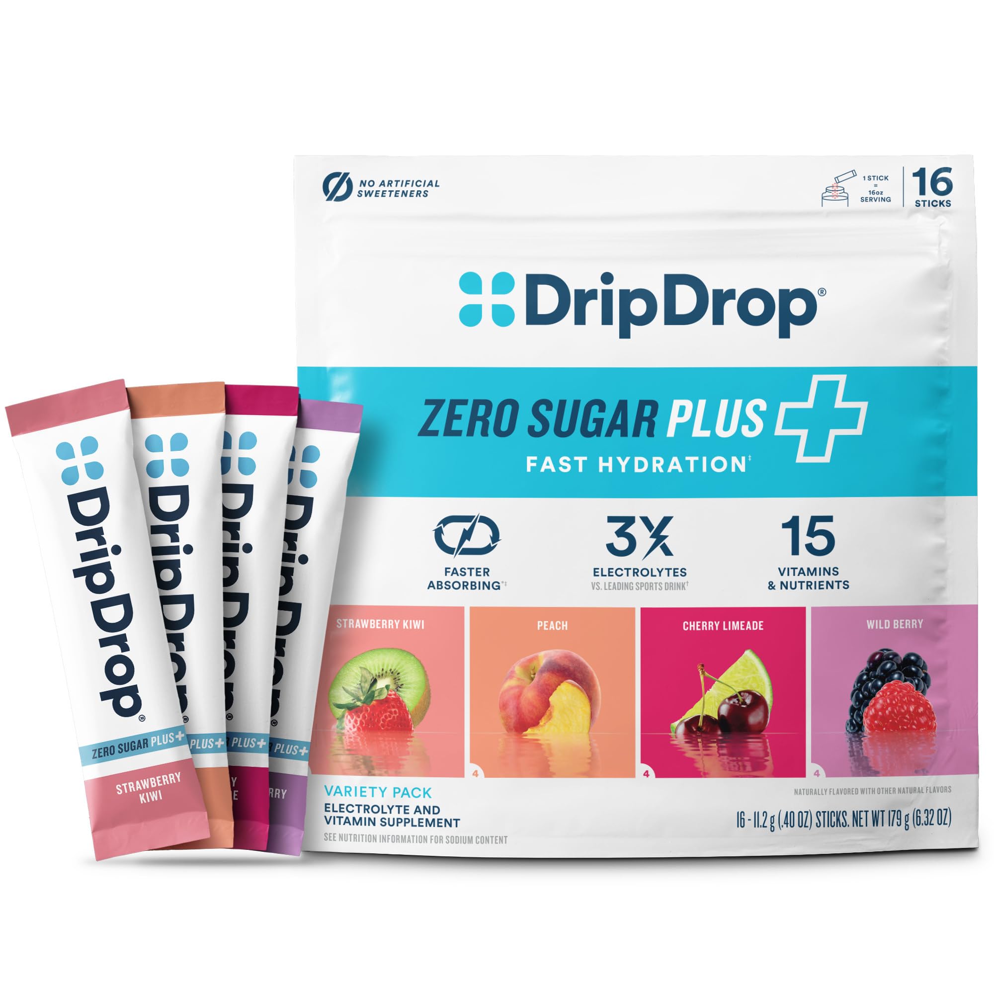 DripDrop Zero Sugar Plus sticks front for quick hydration on the go