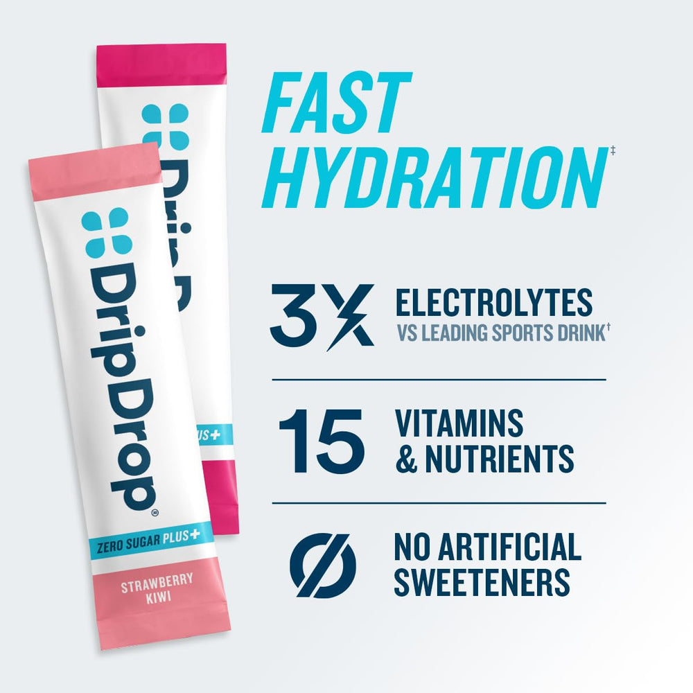 DripDrop Zero Sugar Plus strawberry kiwi flavor packet showing flavor while supporting electrolyte balance