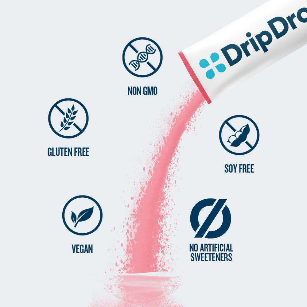 DripDrop Zero Sugar Plus variety pack front showing convenient single-serve packets.