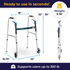 Drive Medical Trigger Release Folding Walker wheels illustrate smooth indoor mobility