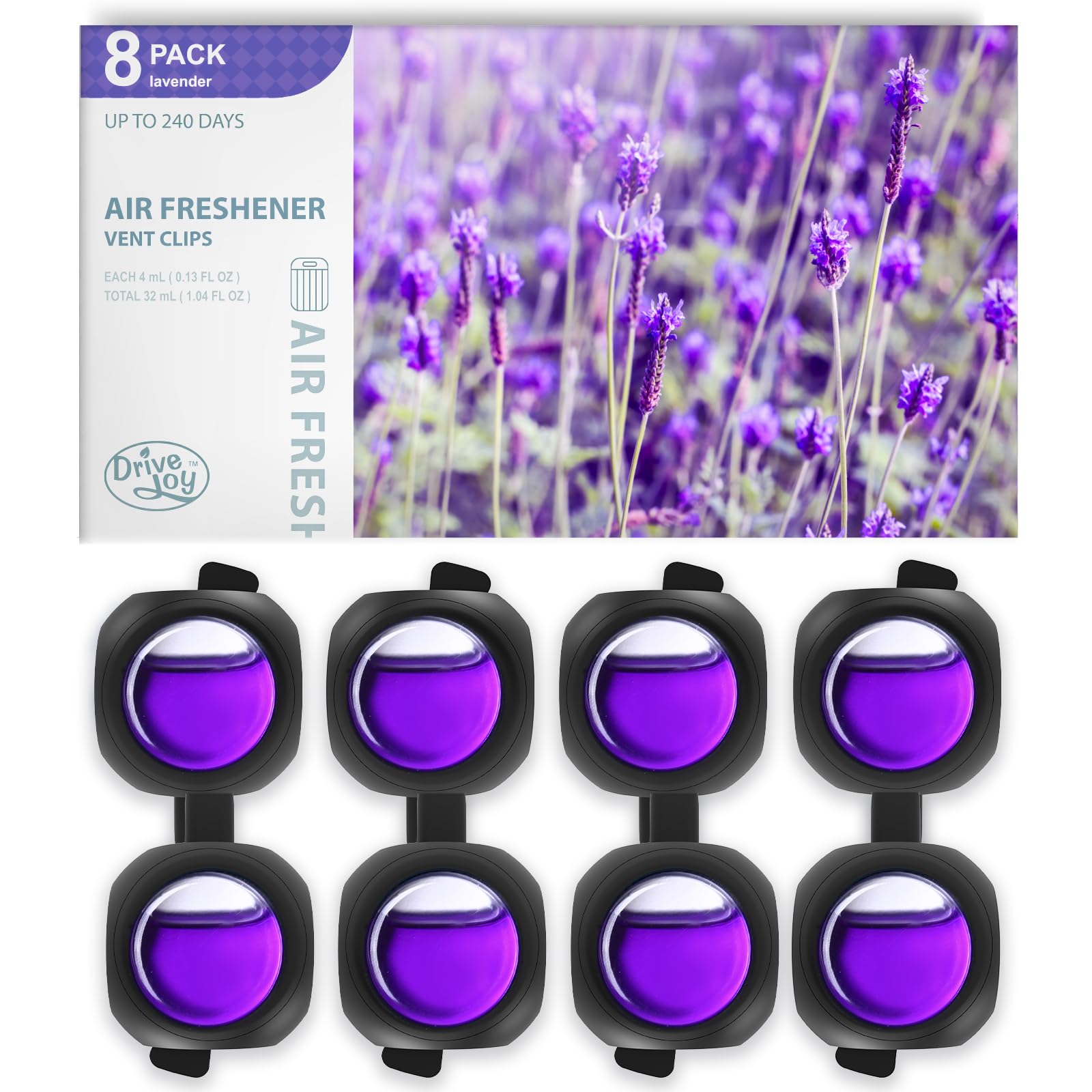 DriveJoy Lavender vent clip close-up showing a sleek black design and gentle aroma.