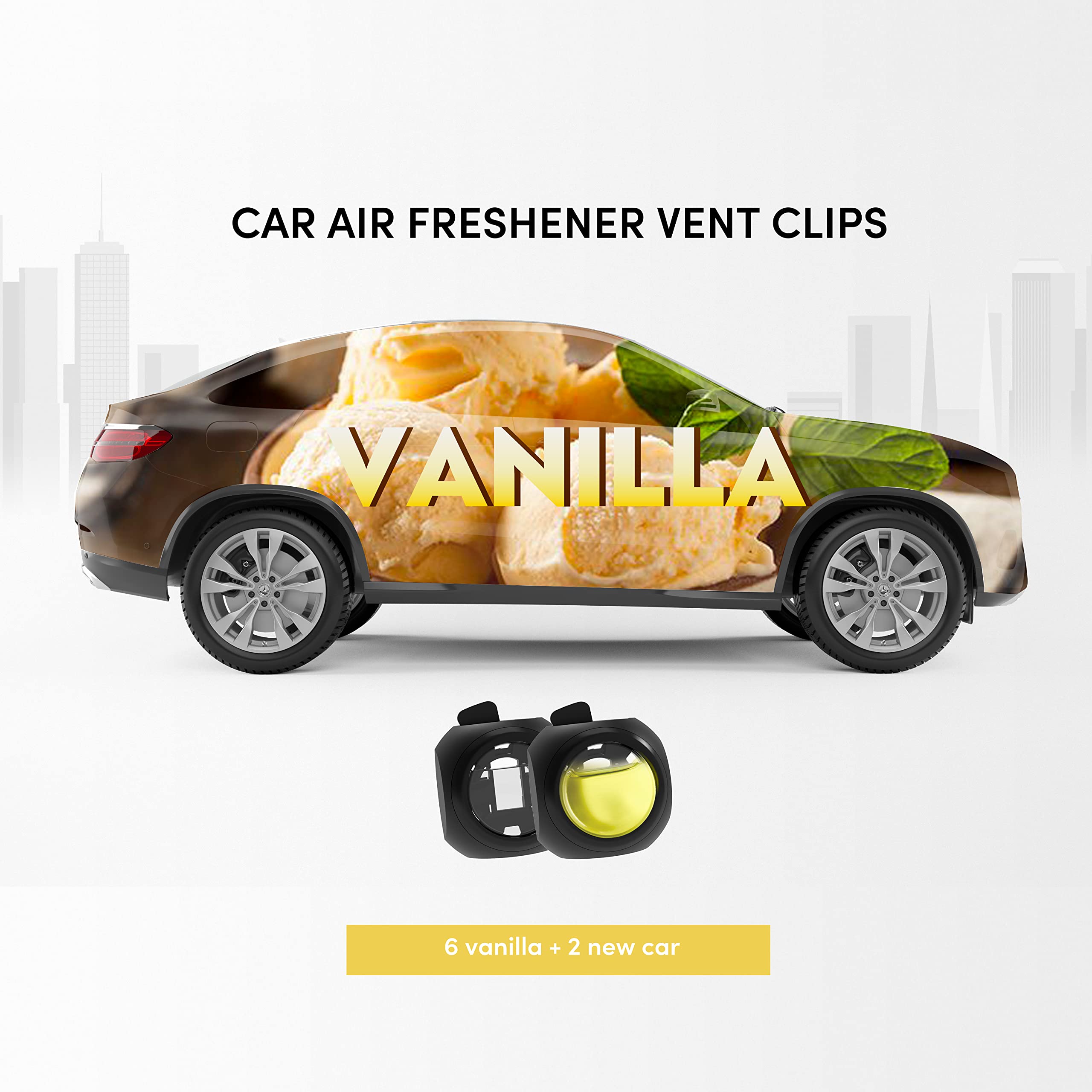 DriveJOY New Car Scent vent clip delivers a crisp interior fragrance.