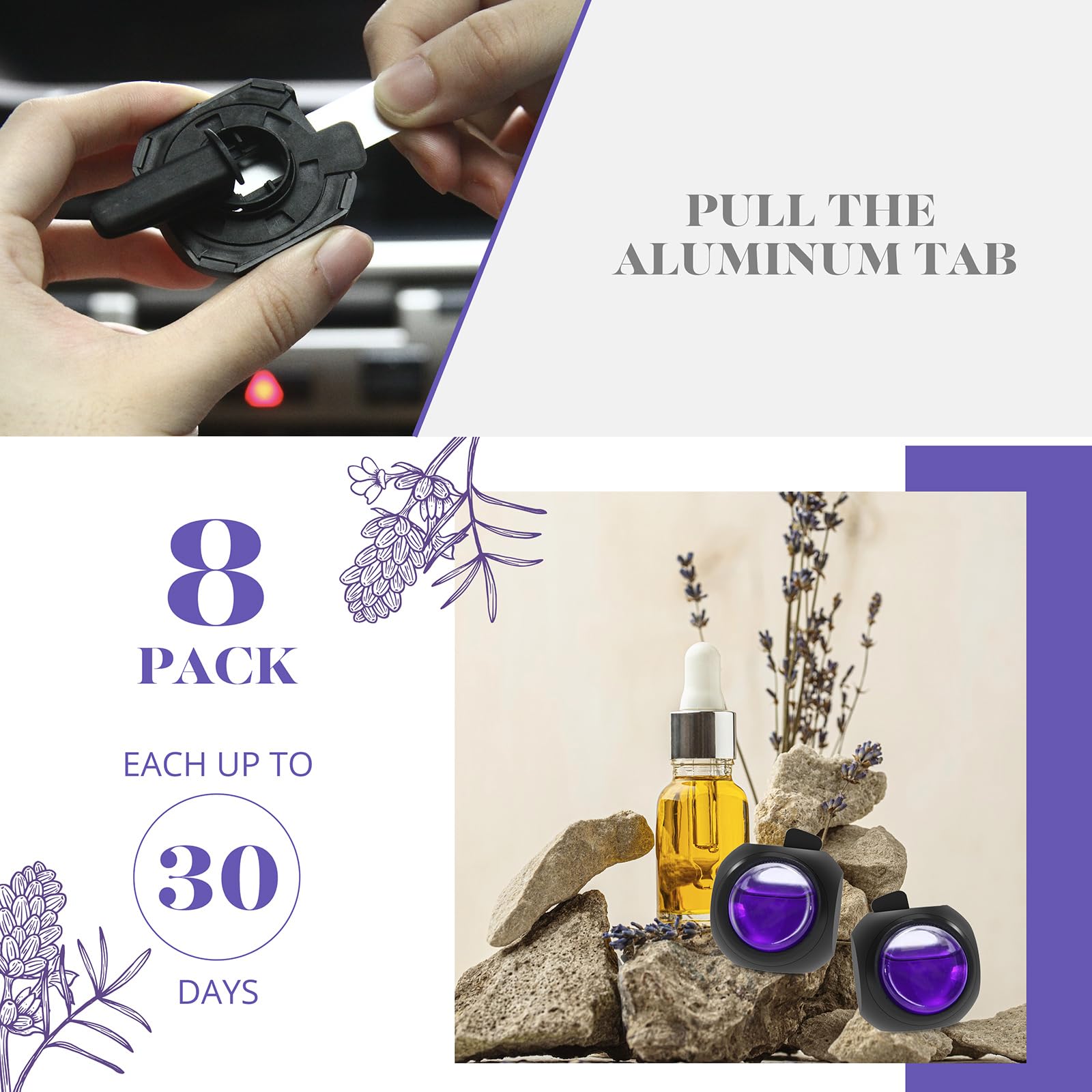 DriveJoy vent clip on car vent delivering consistent lavender fragrance.