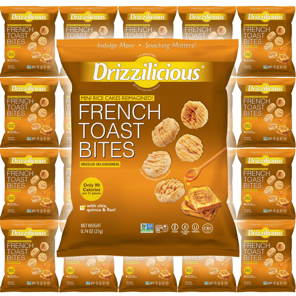 Gluten-free vegan label on Drizzilicious rice cakes appeals to clean snackers.