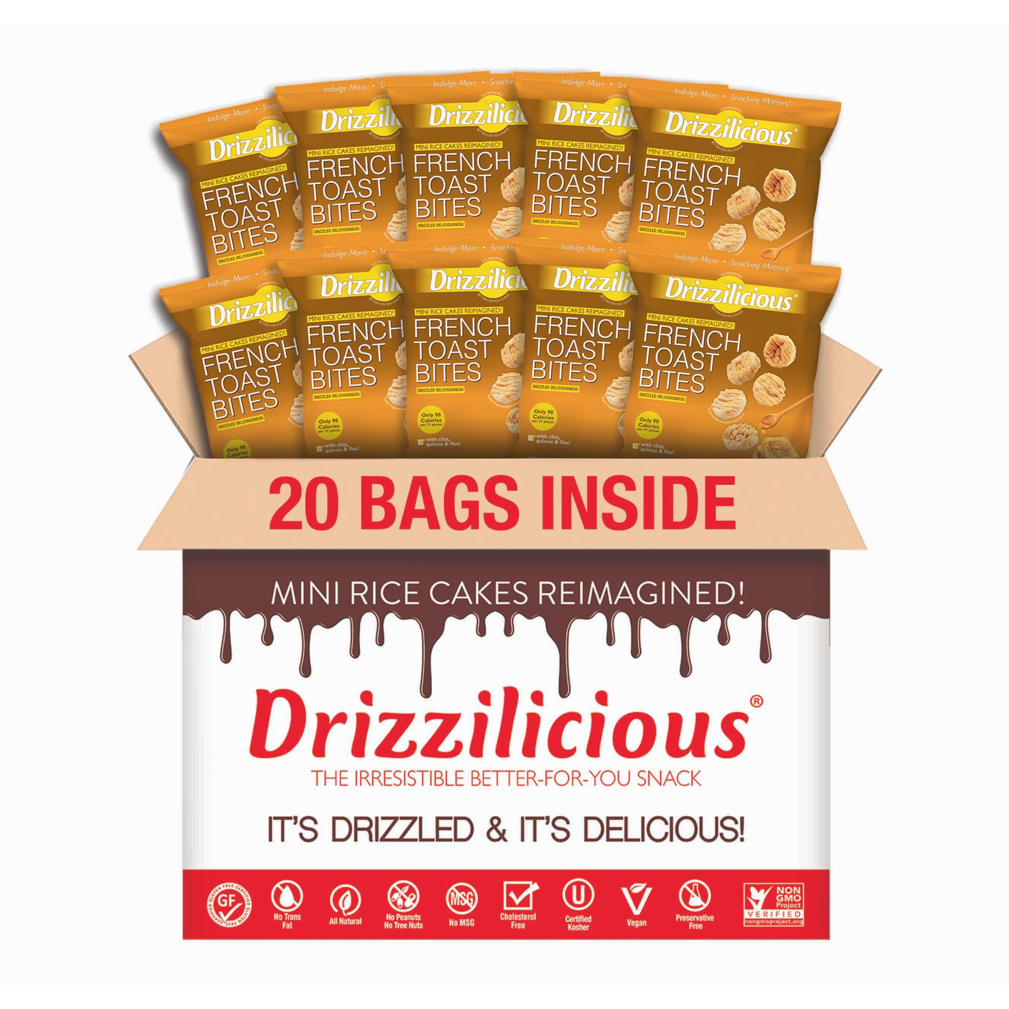 Drizzilicious Mini French Toast Rice Cakes box and bags, a convenient gluten-free snack.
