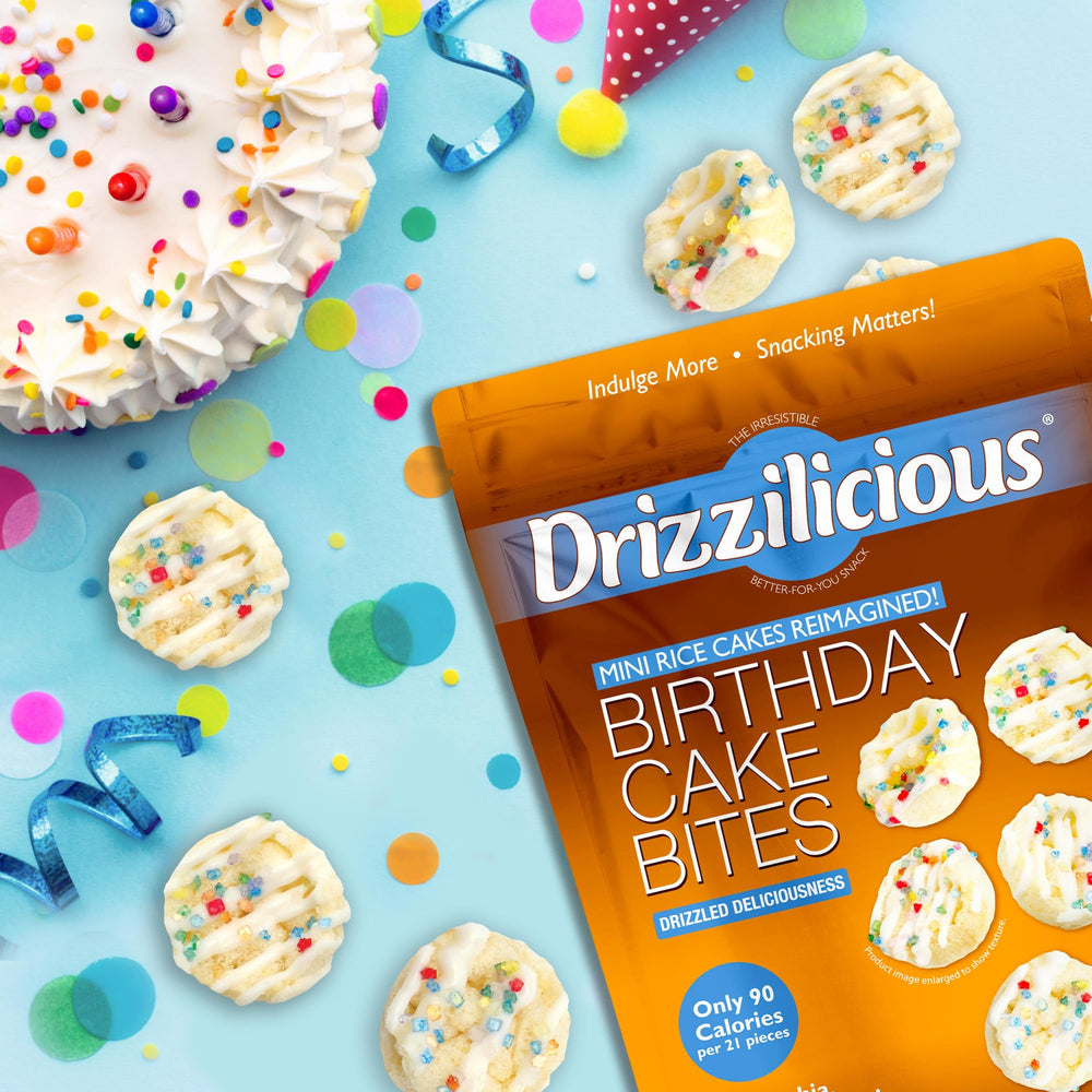 Drizzilicious mini rice cakes Birthday Cake gluten-free feature, allergy-friendly option.