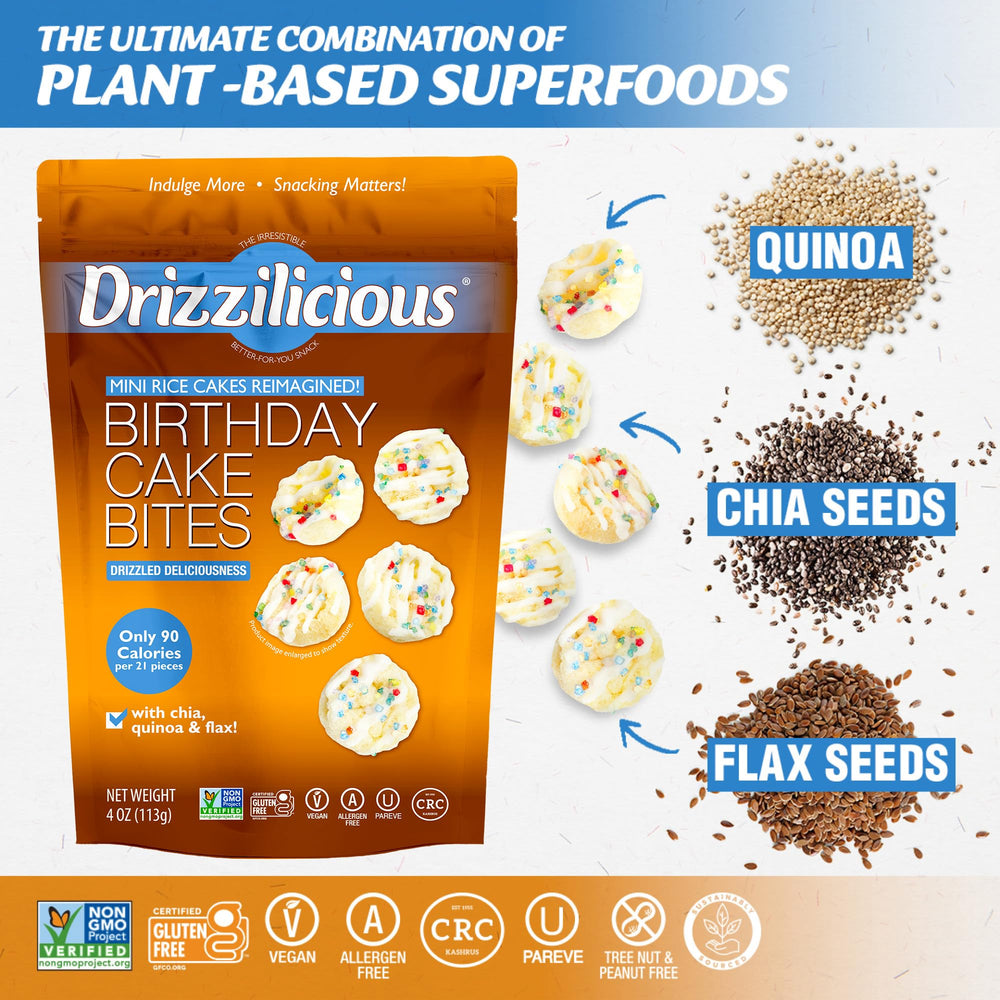 Drizzilicious Birthday Cake on-the-go packaging, easy snack for travel or lunch.