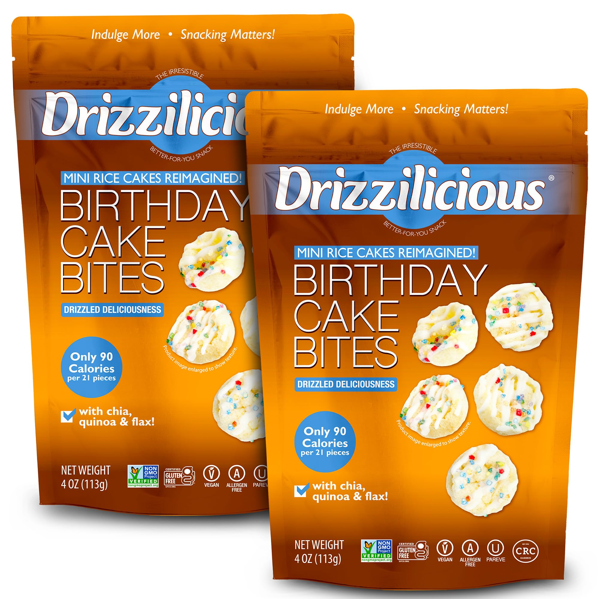 Drizzilicious Birthday Cake mini rice cakes pack shot, gluten-free and vegan snack option.