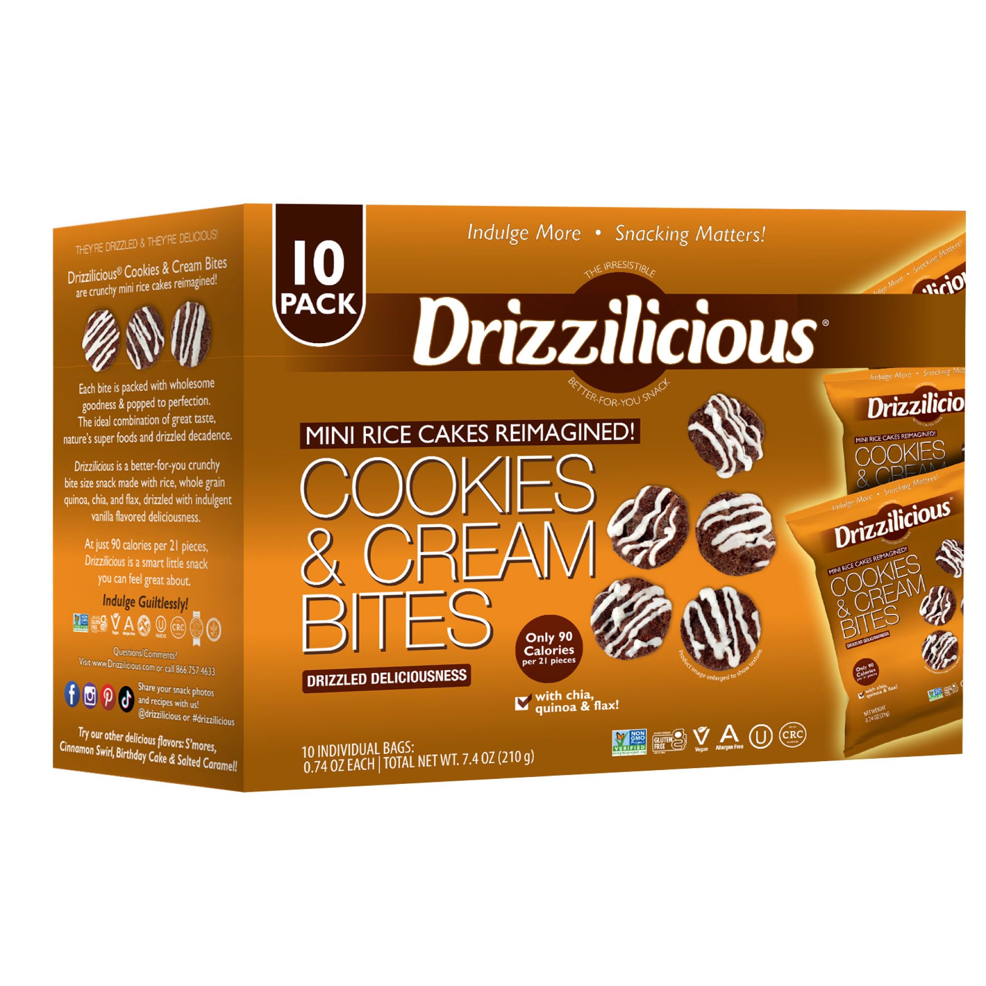 Drizzilicious Cookies & Cream rice cakes bag, gluten-free vegan snack.