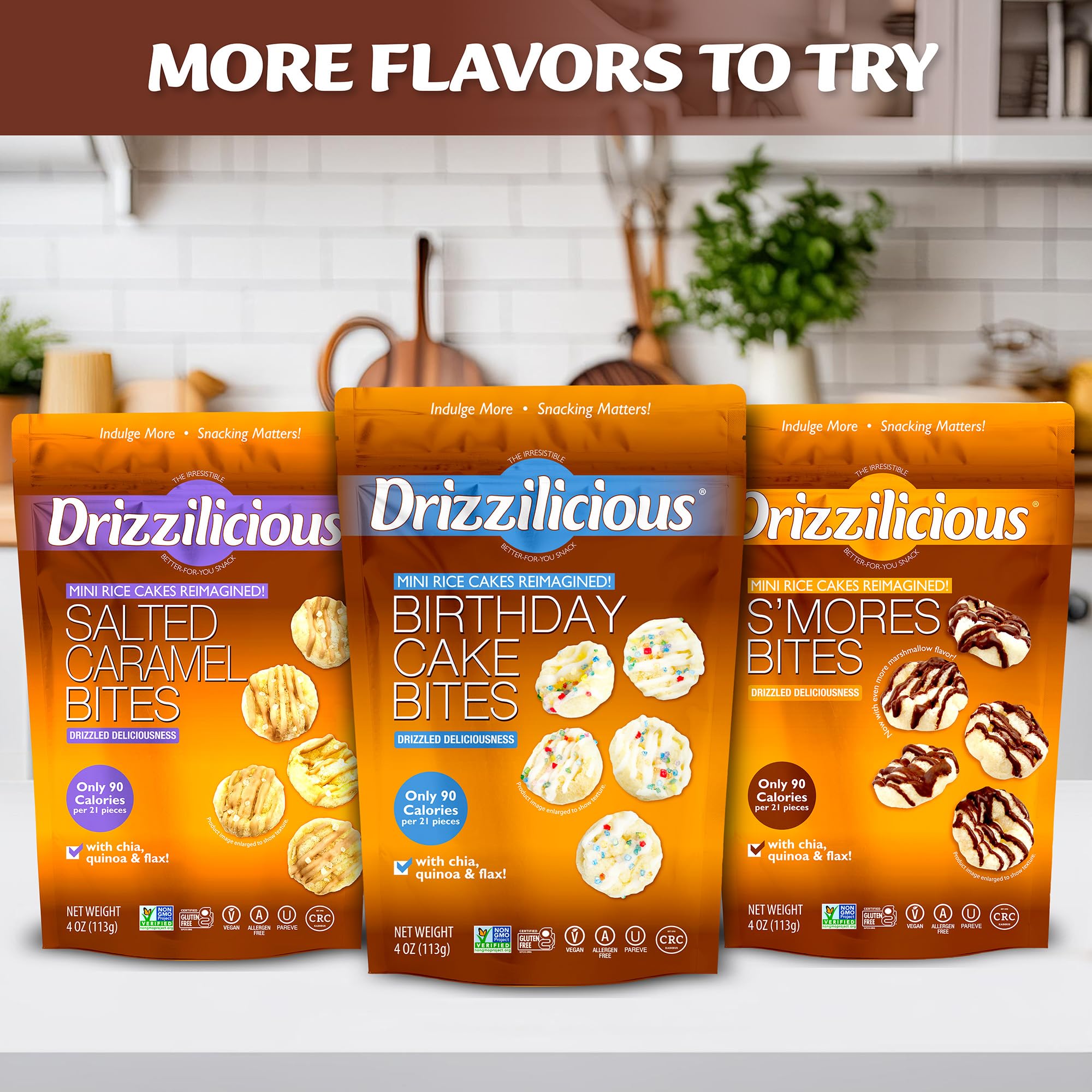Flavor variety teaser with Cookies & Cream and other Drizzilicious flavors.