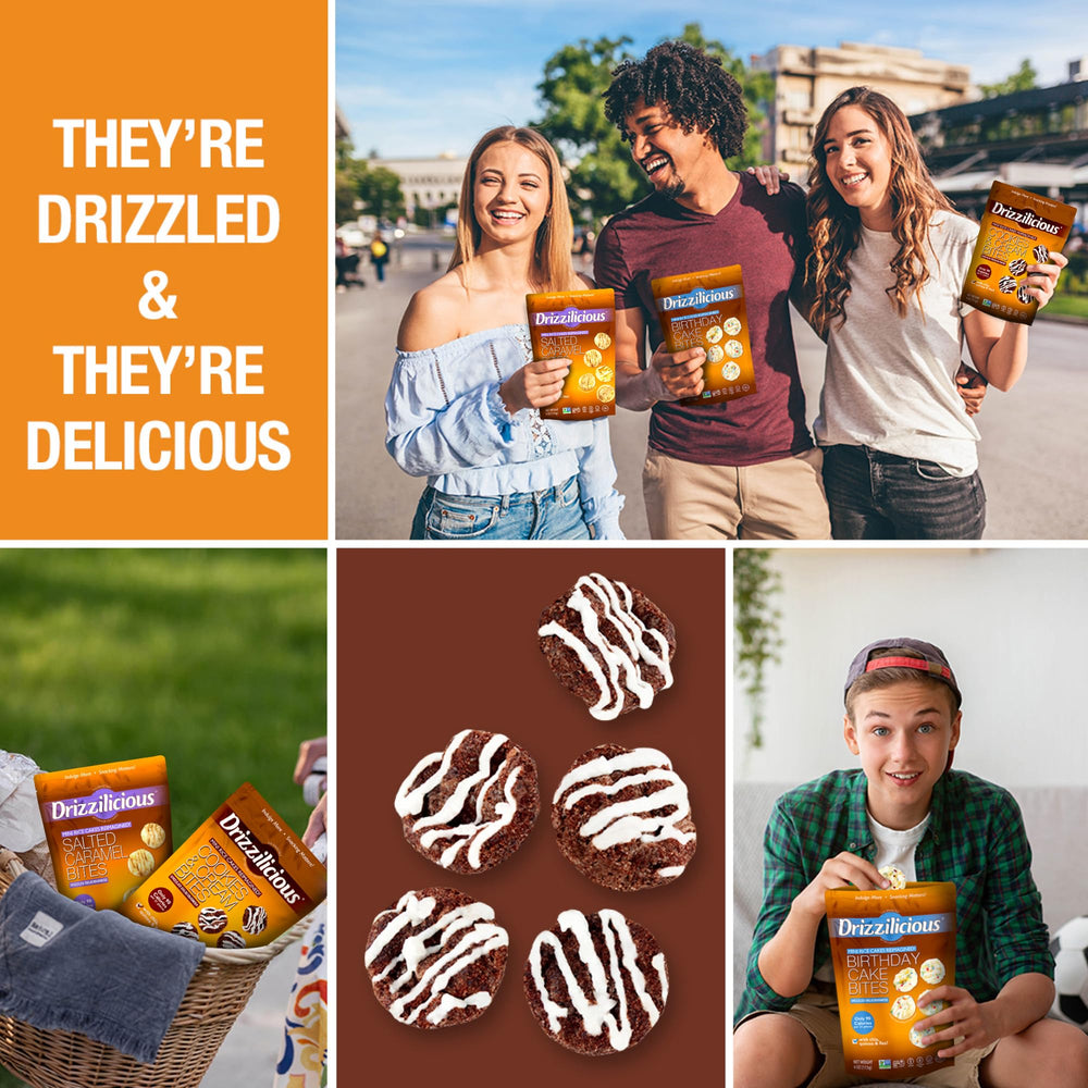Ingredients highlight quinoa, chia, and flaxseed in Drizzilicious mini rice cakes.