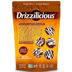 Drizzilicious Cookies & Cream mini rice cakes in a pack shot, gluten-free and vegan.